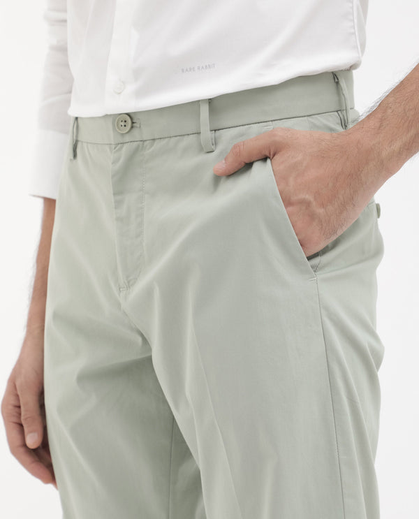 Rare Rabbit Mens Linotel Pastel Green Cotton Polyester Lycra Solid Trouser