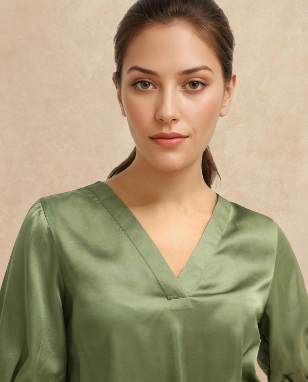 Rareism Women Linus Dark Green Polyester Fabric HALF Sleeve V-Neck Button Closure Solid Regular Fit Top