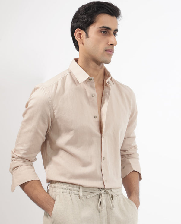 Rare Rabbit Men's Linux Light Beige Cotton Linen Fabric Full Sleeves Regular Fit Solid Shirt