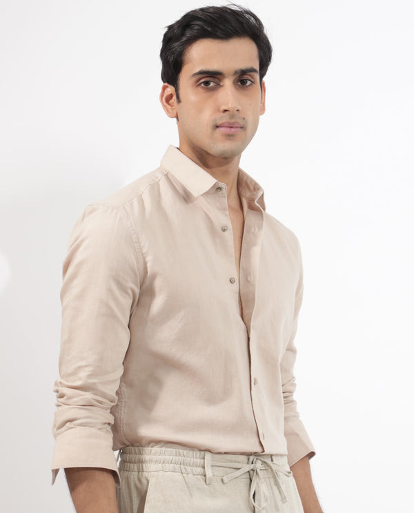 Rare Rabbit Men's Linux Light Beige Cotton Linen Fabric Full Sleeves Regular Fit Solid Shirt