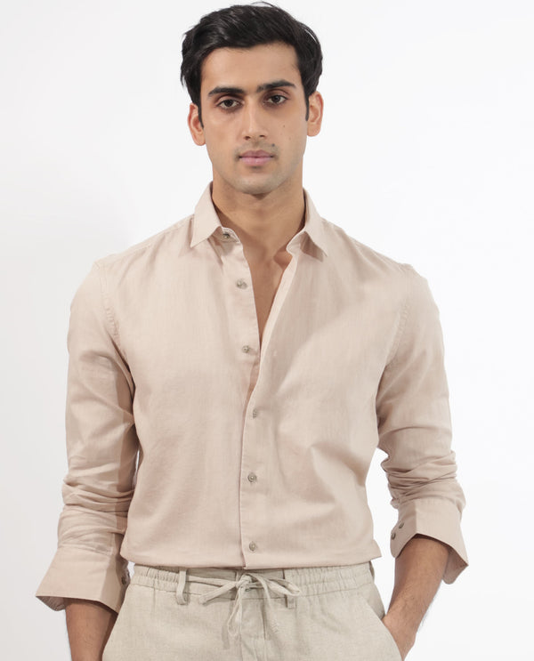 Rare Rabbit Men's Linux Light Beige Cotton Linen Fabric Full Sleeves Regular Fit Solid Shirt