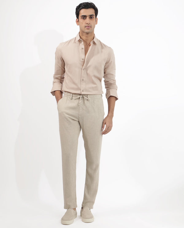 Rare Rabbit Men's Linux Light Beige Cotton Linen Fabric Full Sleeves Regular Fit Solid Shirt