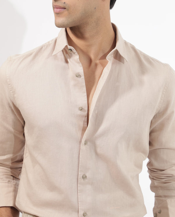Rare Rabbit Men's Linux Light Beige Cotton Linen Fabric Full Sleeves Regular Fit Solid Shirt