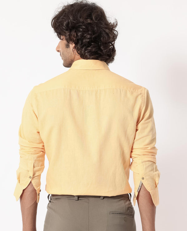 Rare Rabbit Men's Linux Light Yellow Cotton Linen Fabric Full Sleeves Regular Fit Solid Shirt