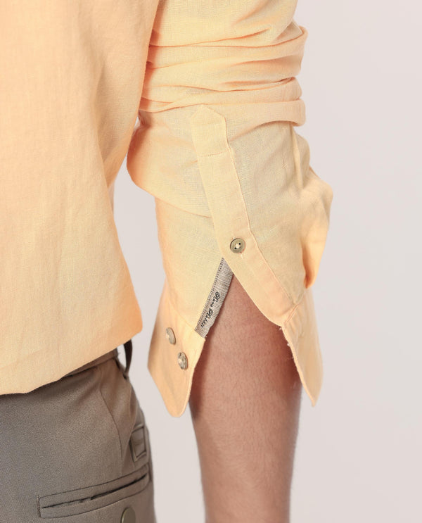 Rare Rabbit Men's Linux Light Yellow Cotton Linen Fabric Full Sleeves Regular Fit Solid Shirt