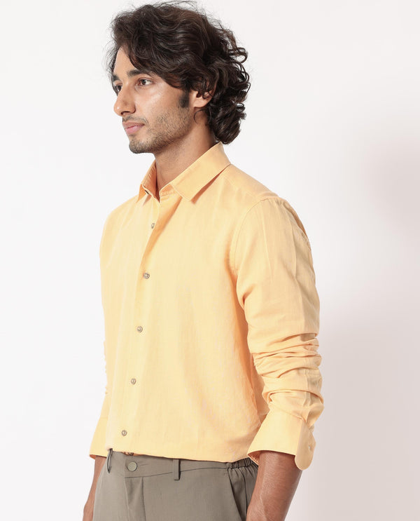 Rare Rabbit Men's Linux Light Yellow Cotton Linen Fabric Full Sleeves Regular Fit Solid Shirt