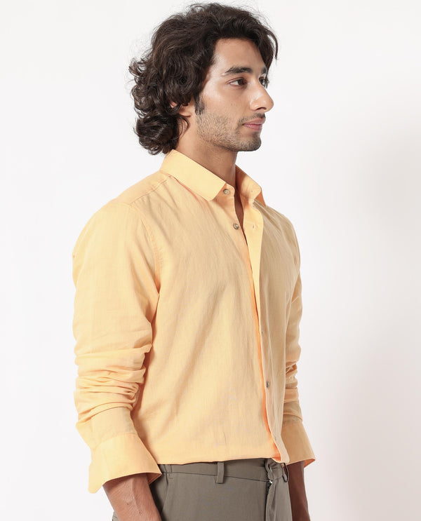 Rare Rabbit Men's Linux Light Yellow Cotton Linen Fabric Full Sleeves Regular Fit Solid Shirt