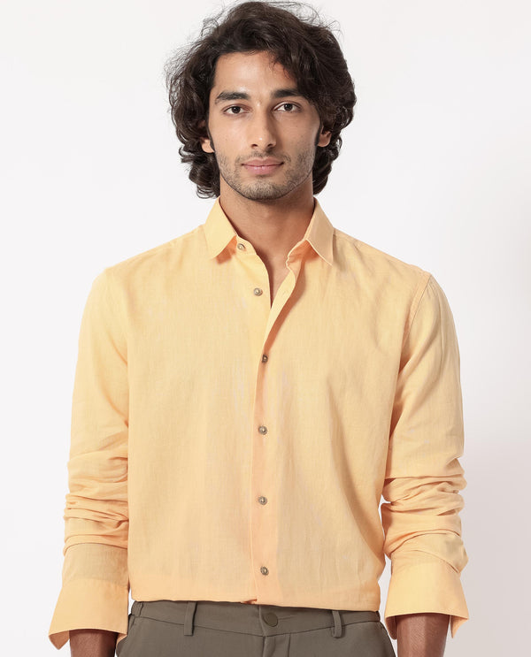 Rare Rabbit Men's Linux Light Yellow Cotton Linen Fabric Full Sleeves Regular Fit Solid Shirt