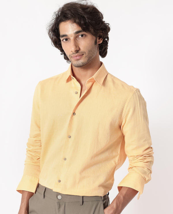 Rare Rabbit Men's Linux Light Yellow Cotton Linen Fabric Full Sleeves Regular Fit Solid Shirt