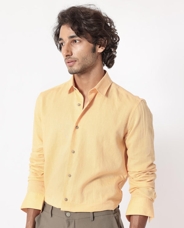 Rare Rabbit Men's Linux Light Yellow Cotton Linen Fabric Full Sleeves Regular Fit Solid Shirt