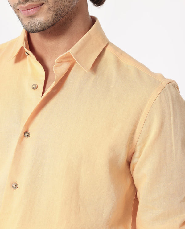 Rare Rabbit Men's Linux Light Yellow Cotton Linen Fabric Full Sleeves Regular Fit Solid Shirt