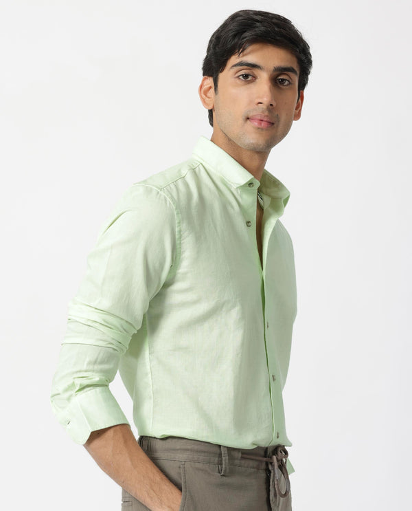 Rare Rabbit Men's Linux Pastel Green Cotton Linen Fabric Full Sleeves Regular Fit Solid Shirt