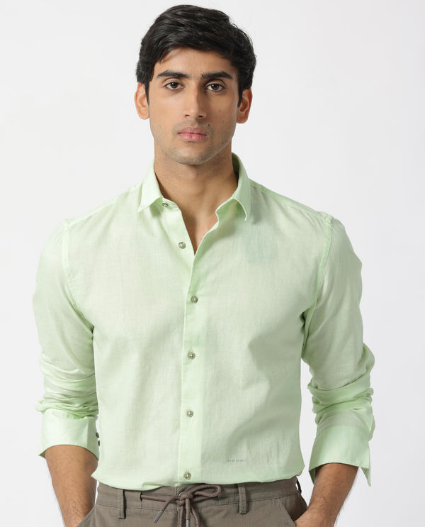 Rare Rabbit Men's Linux Pastel Green Cotton Linen Fabric Full Sleeves Regular Fit Solid Shirt
