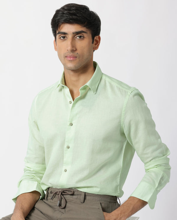 Rare Rabbit Men's Linux Pastel Green Cotton Linen Fabric Full Sleeves Regular Fit Solid Shirt