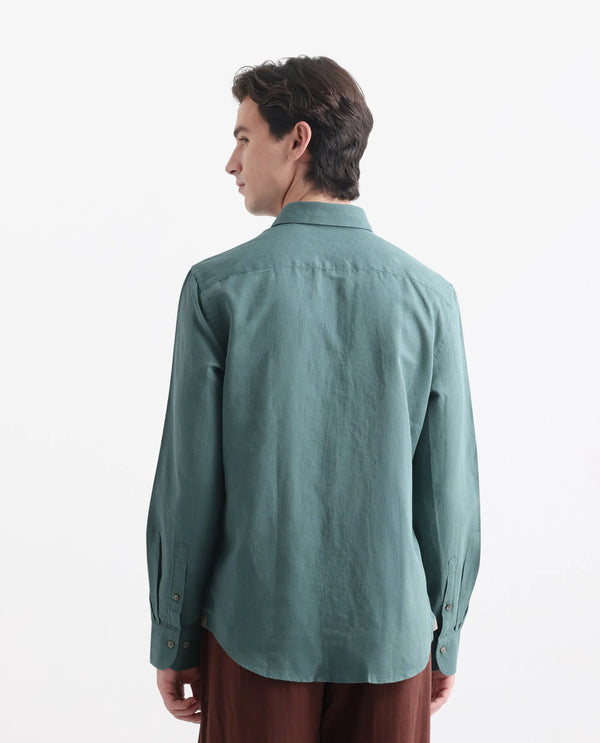 Rare Rabbit Men's Linux Green Linen Cotton Fabric Full Sleeves Regular Fit Solid Shirt