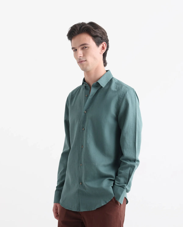 Rare Rabbit Men's Linux Green Linen Cotton Fabric Full Sleeves Regular Fit Solid Shirt