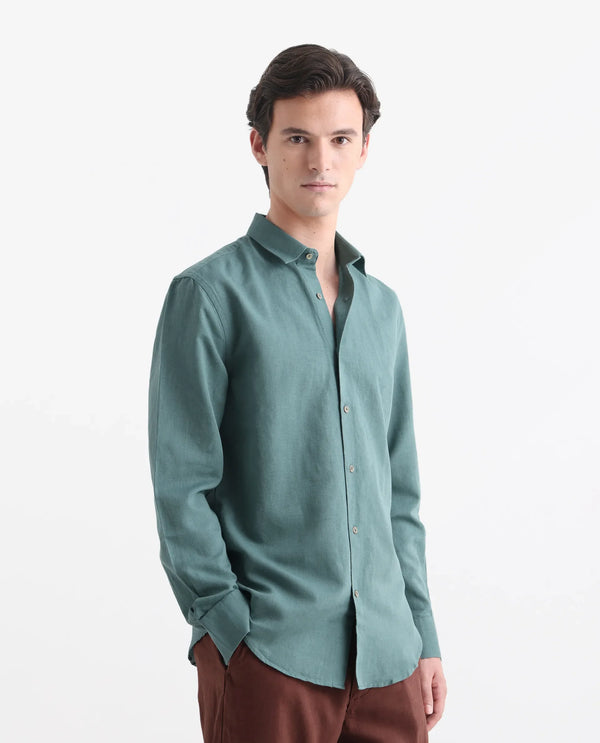 Rare Rabbit Men's Linux Green Linen Cotton Fabric Full Sleeves Regular Fit Solid Shirt