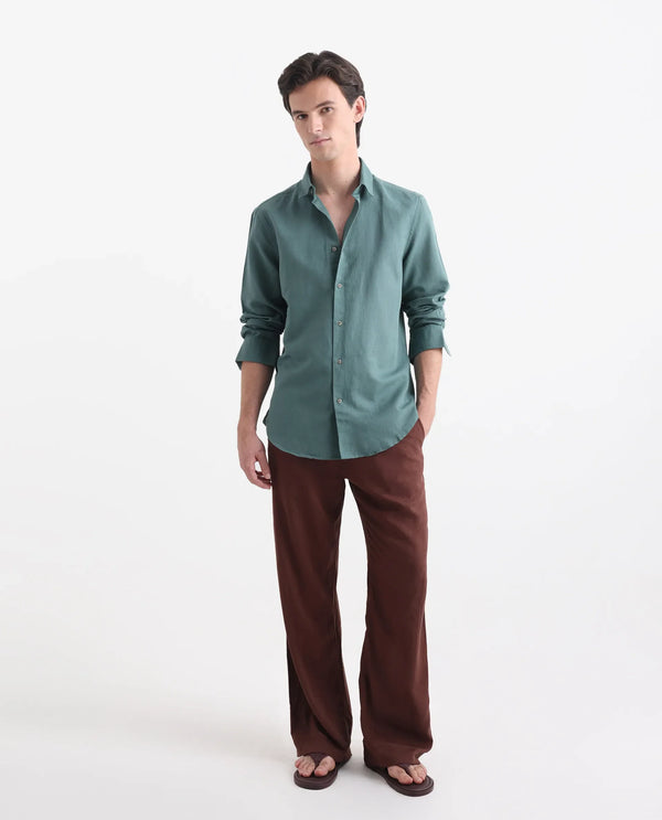 Rare Rabbit Men's Linux Green Linen Cotton Fabric Full Sleeves Regular Fit Solid Shirt