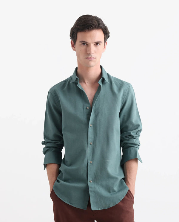 Rare Rabbit Men's Linux Green Linen Cotton Fabric Full Sleeves Regular Fit Solid Shirt