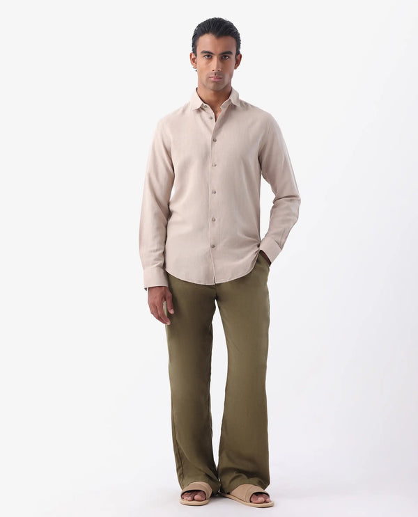 Rare Rabbit Men's Linux Light Beige Linen Blend Fabric Full Sleeves Regular Fit Solid Shirt