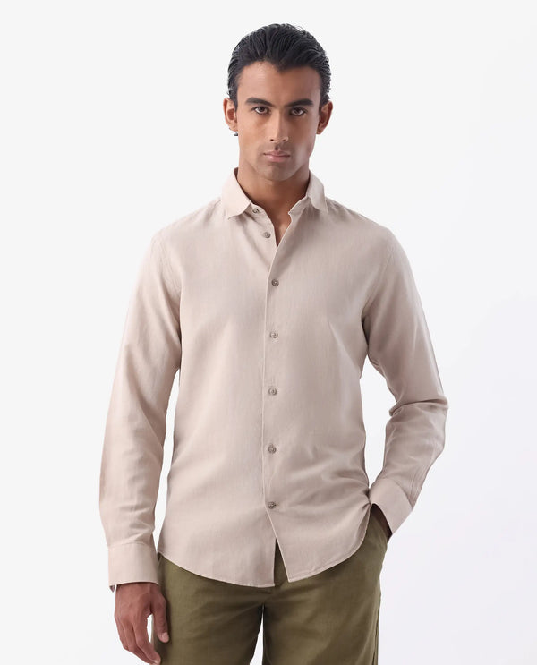 Rare Rabbit Men's Linux Light Beige Linen Blend Fabric Full Sleeves Regular Fit Solid Shirt
