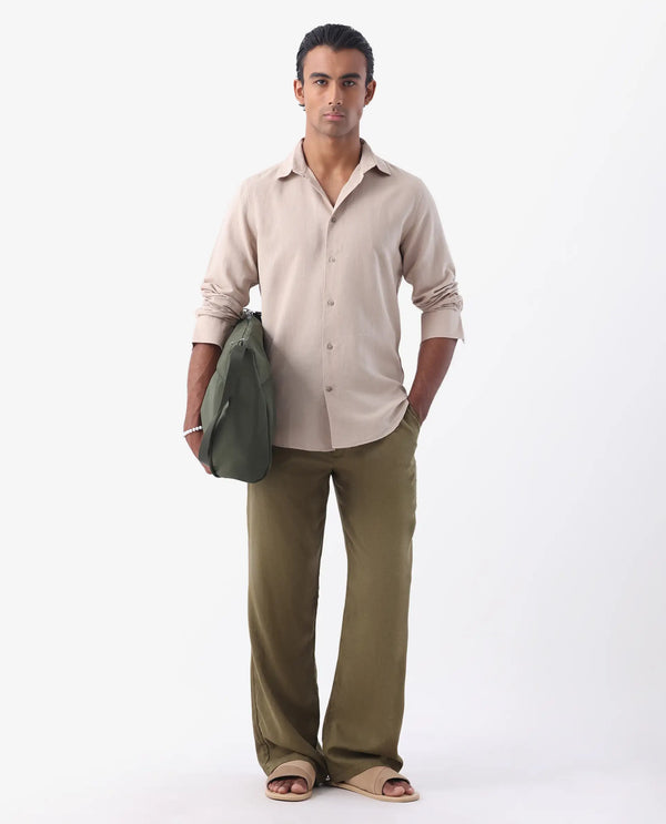 Rare Rabbit Men's Linux Light Beige Linen Blend Fabric Full Sleeves Regular Fit Solid Shirt