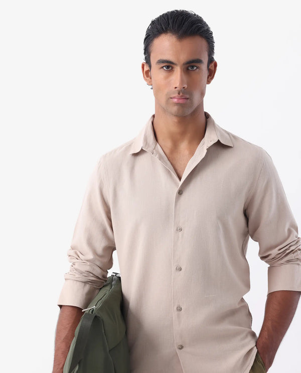 Rare Rabbit Men's Linux Light Beige Linen Blend Fabric Full Sleeves Regular Fit Solid Shirt