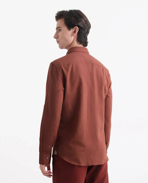 Rare Rabbit Men's Linux Rust Cotton Linen Fabric Full Sleeves Regular Fit Solid Shirt