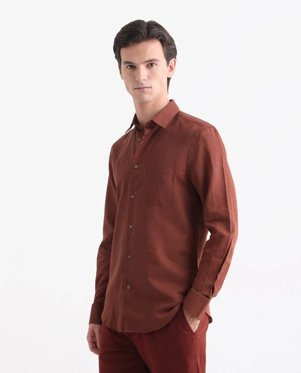 Rare Rabbit Men's Linux Rust Cotton Linen Fabric Full Sleeves Regular Fit Solid Shirt