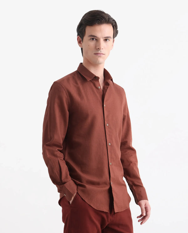 Rare Rabbit Men's Linux Rust Cotton Linen Fabric Full Sleeves Regular Fit Solid Shirt