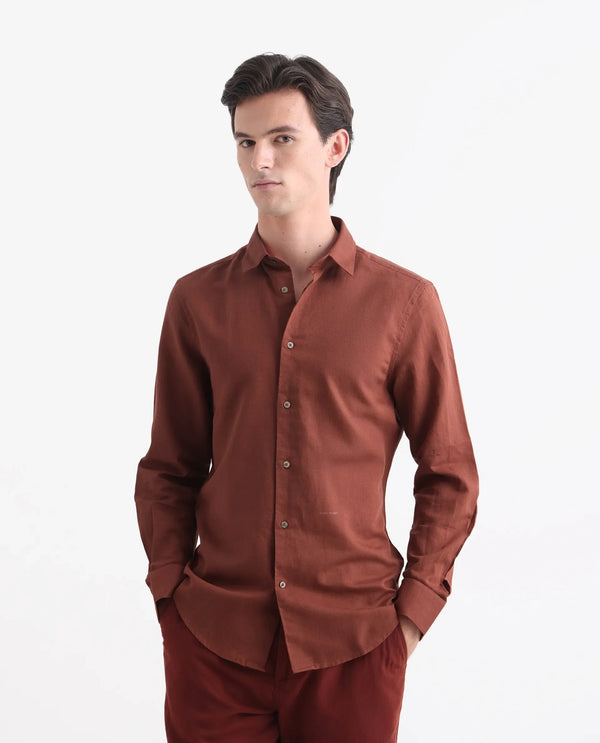 Rare Rabbit Men's Linux Rust Cotton Linen Fabric Full Sleeves Regular Fit Solid Shirt