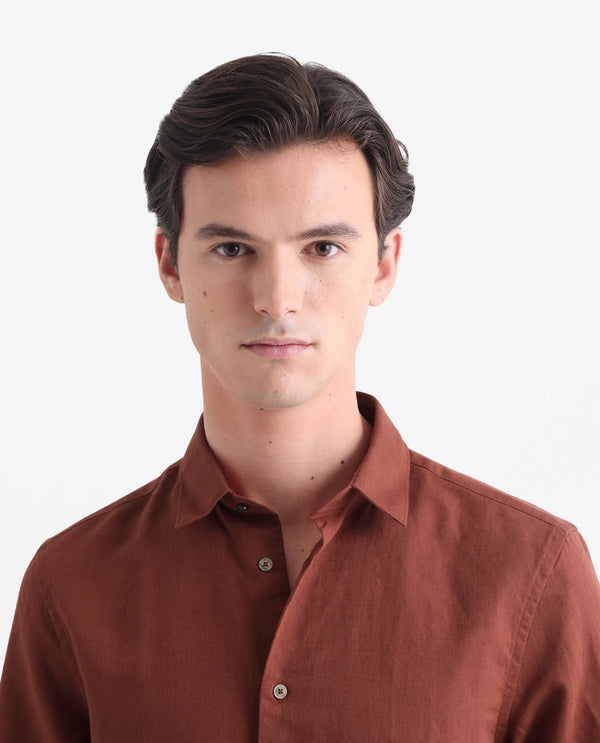 Rare Rabbit Men's Linux Rust Cotton Linen Fabric Full Sleeves Regular Fit Solid Shirt