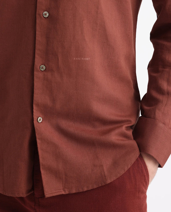 Rare Rabbit Men's Linux Rust Cotton Linen Fabric Full Sleeves Regular Fit Solid Shirt