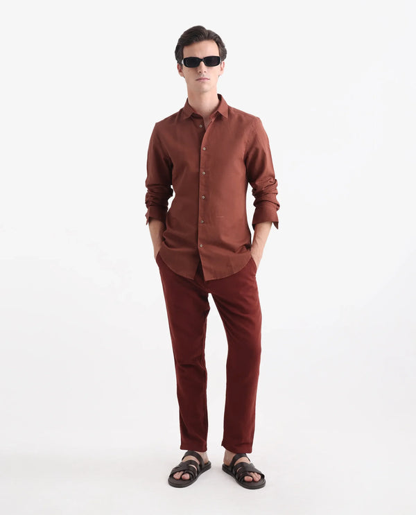 Rare Rabbit Men's Linux Rust Cotton Linen Fabric Full Sleeves Regular Fit Solid Shirt