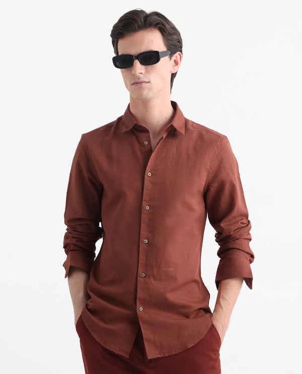 Rare Rabbit Men's Linux Rust Cotton Linen Fabric Full Sleeves Regular Fit Solid Shirt