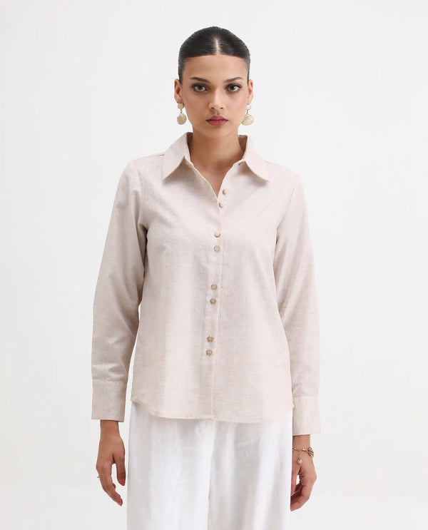 Rareism Women Lippta Beige Poly Blend Fabric Cuffed Sleeve Collared Neck Button Closure Plain Top