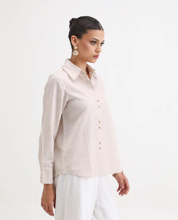 Rareism Women Lippta Beige Poly Blend Fabric Cuffed Sleeve Collared Neck Button Closure Plain Top