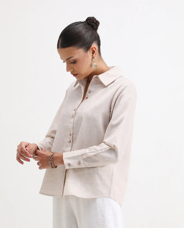 Rareism Women Lippta Beige Poly Blend Fabric Cuffed Sleeve Collared Neck Button Closure Plain Top