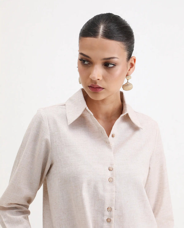 Rareism Women Lippta Beige Poly Blend Fabric Cuffed Sleeve Collared Neck Button Closure Plain Top