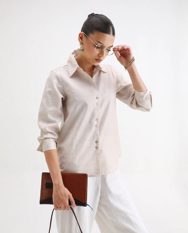 Rareism Women Lippta Beige Poly Blend Fabric Cuffed Sleeve Collared Neck Button Closure Plain Top