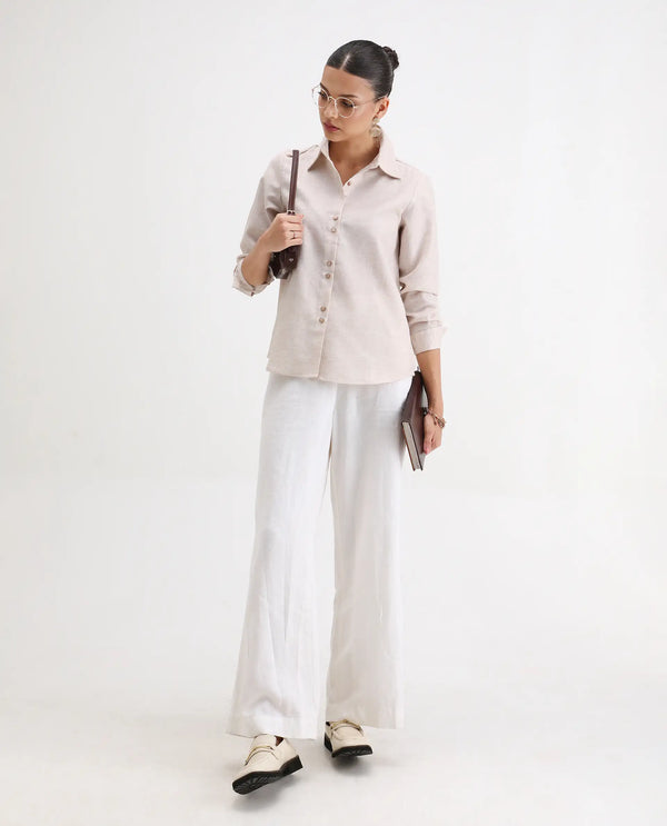 Rareism Women Lippta Beige Poly Blend Fabric Cuffed Sleeve Collared Neck Button Closure Plain Top