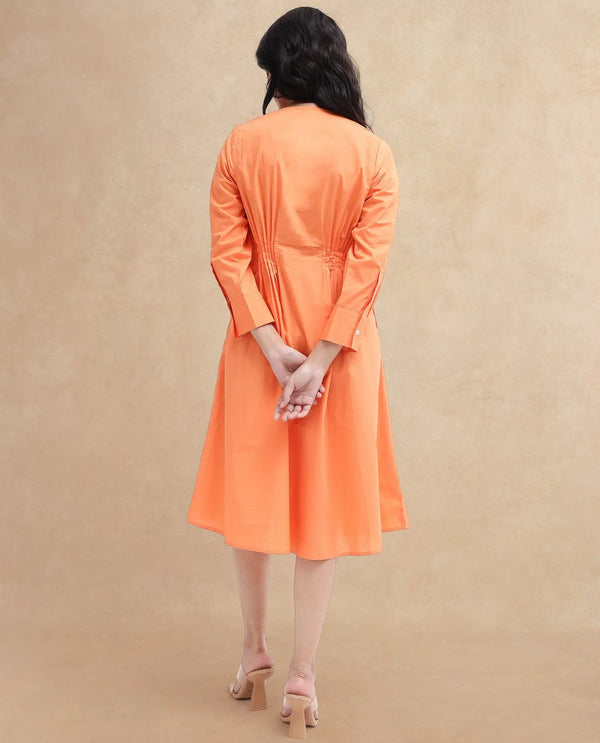 Rareism Women Lister Orange Cotton Fabric Regular Sleeves U Neck Solid Longline Dress
