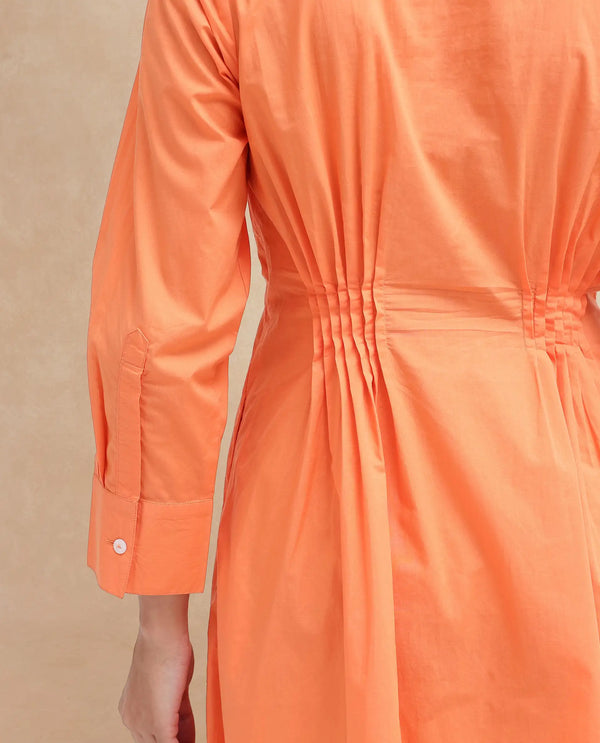 Rareism Women Lister Orange Cotton Fabric Regular Sleeves U Neck Solid Longline Dress