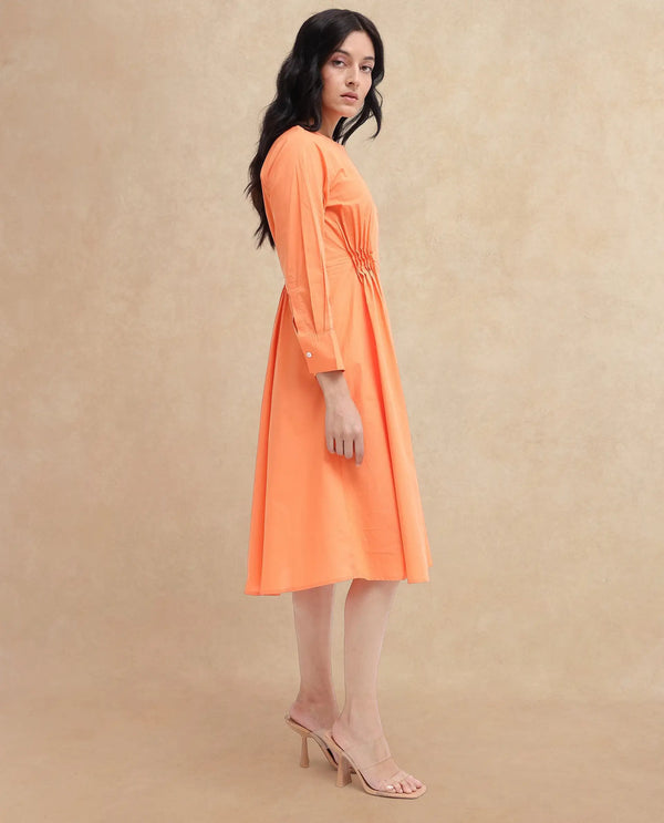 Rareism Women Lister Orange Cotton Fabric Regular Sleeves U Neck Solid Longline Dress