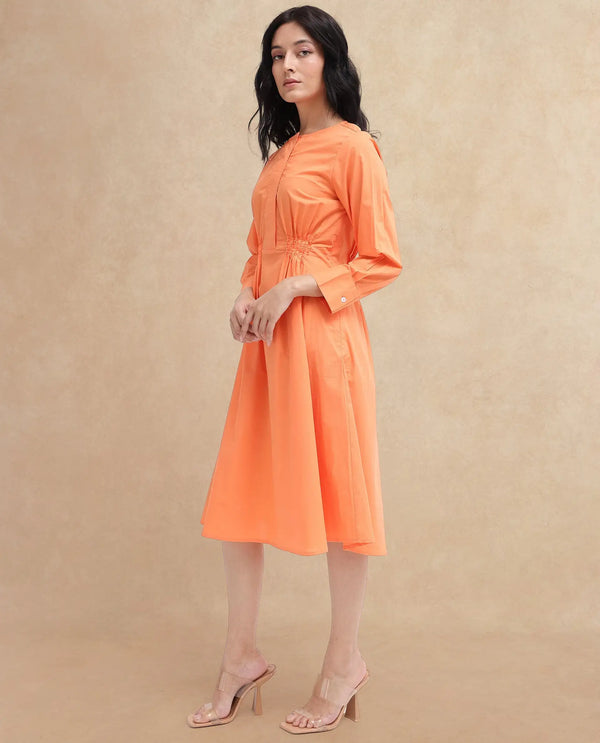 Rareism Women Lister Orange Cotton Fabric Regular Sleeves U Neck Solid Longline Dress