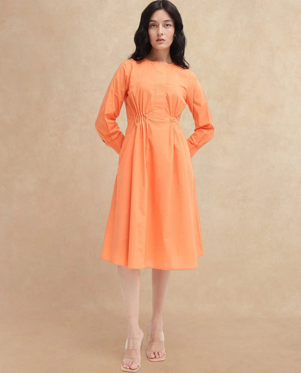 Rareism Women Lister Orange Cotton Fabric Regular Sleeves U Neck Solid Longline Dress