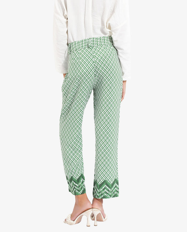 Rareism Women Livornob Dark Green Button Closure Straight Fit Ankle Length Geometric Print Trouser