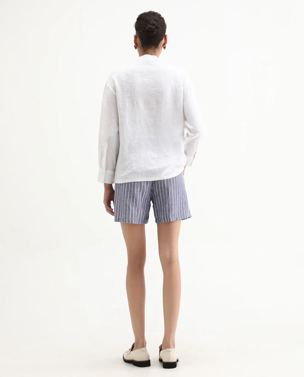 Rareism Women Liya Blue Cotton Linen Fabric Regular Fit Striped High Rise Shorts