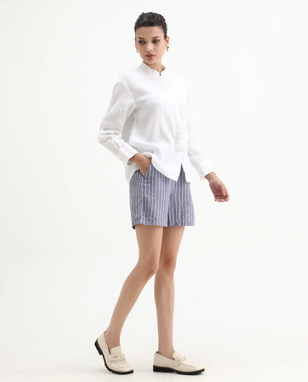 Rareism Women Liya Blue Cotton Linen Fabric Regular Fit Striped High Rise Shorts