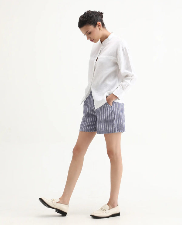 Rareism Women Liya Blue Cotton Linen Fabric Regular Fit Striped High Rise Shorts